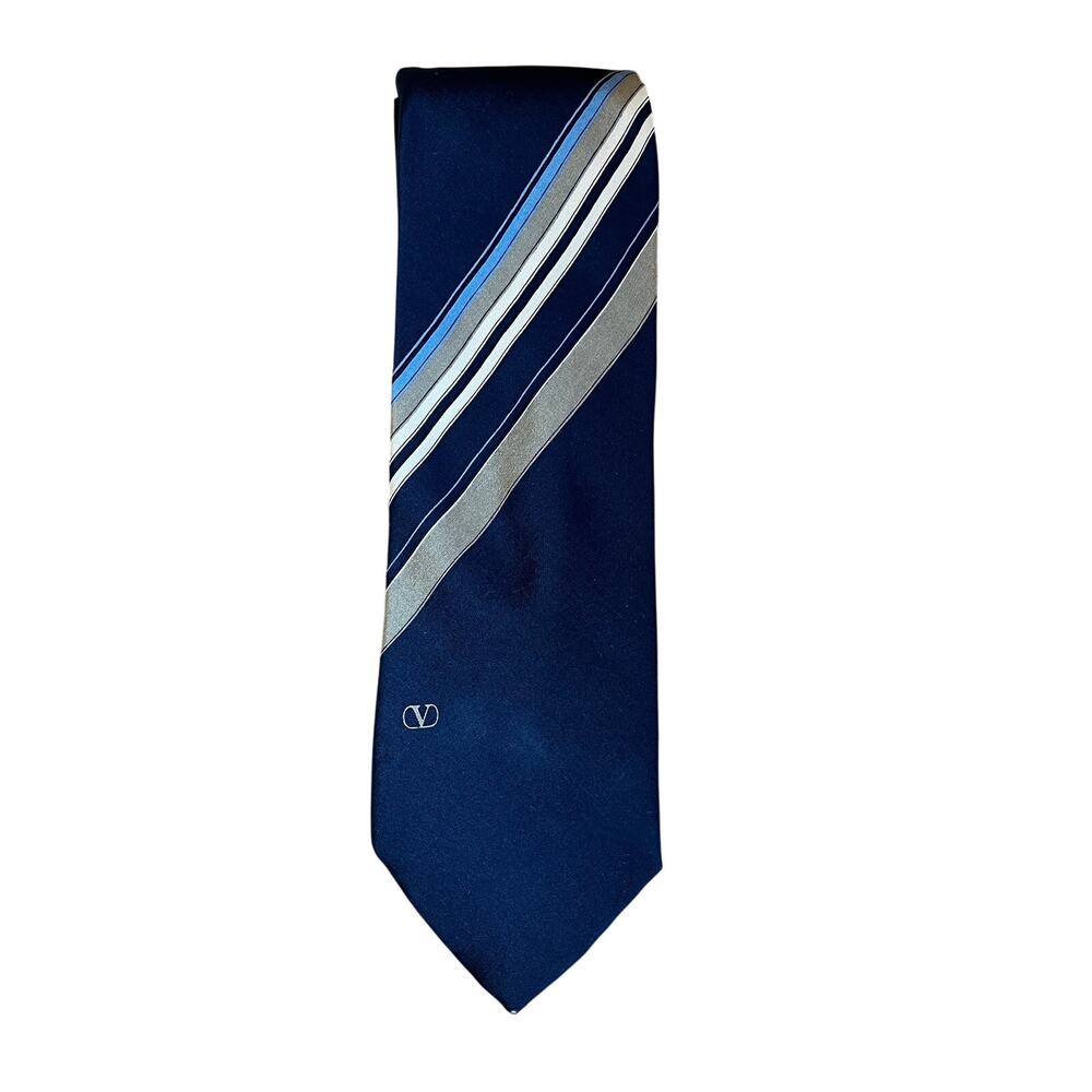 Valentino Cravatte Silk Tie Blue Gold Brown Diagonal Stripe 3” Italy